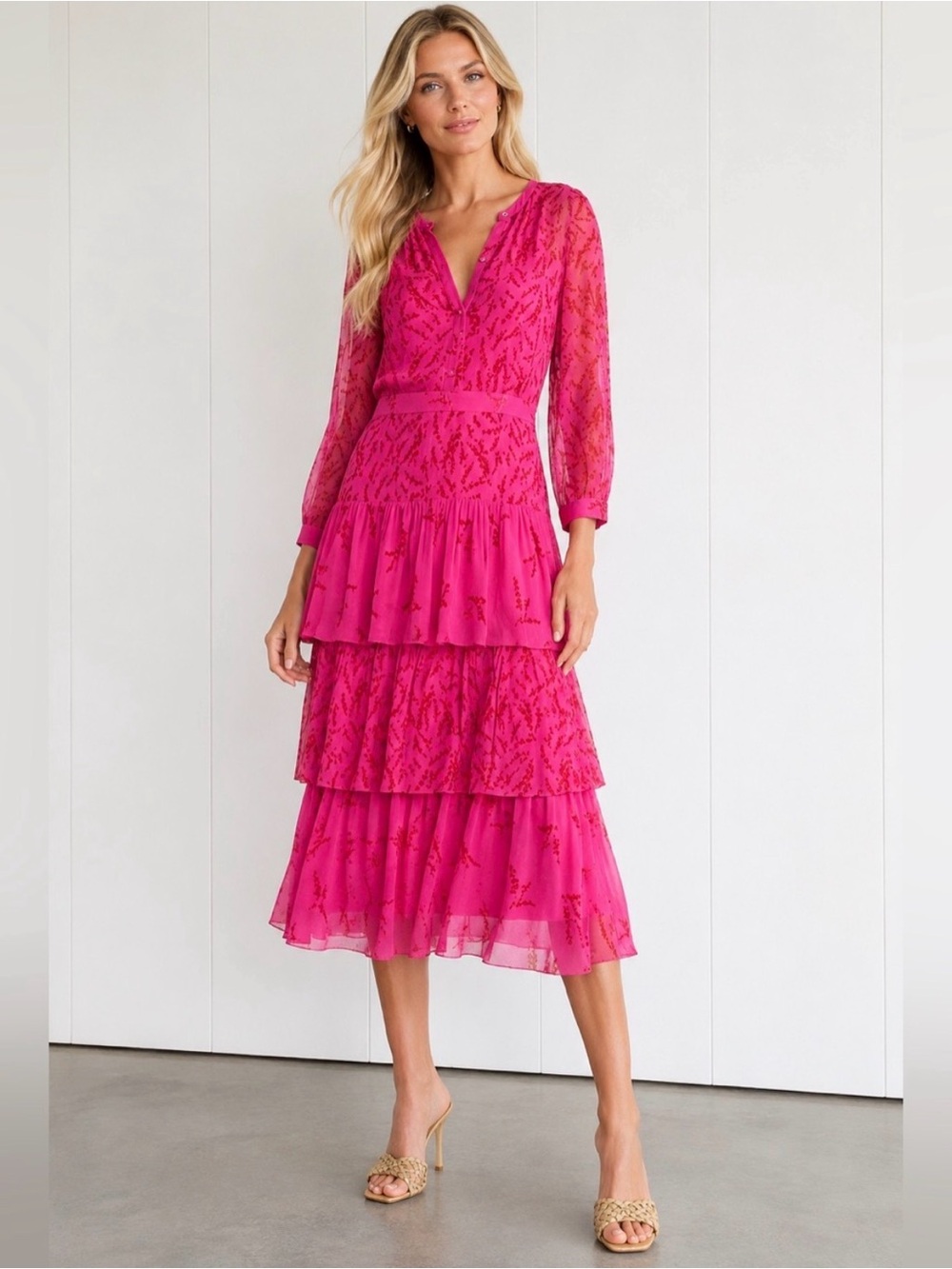ba&sh Fuchsia Tiered Midi Dress XS Long Sleeve Floral Wedding Guest